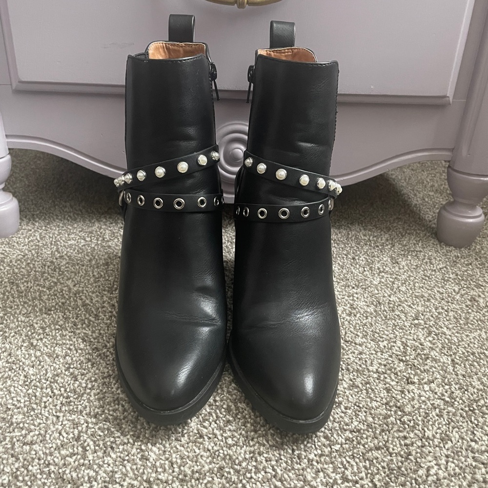 Black Leather Ankle Boots with Pearl Detailing